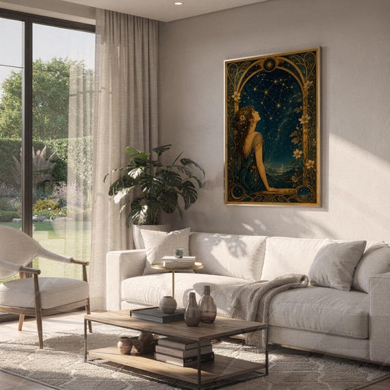 Celestial woman wall art print hanging above a white sofa in a living room with garden views.
