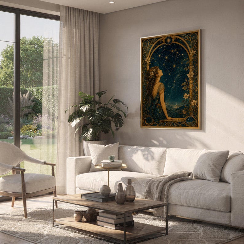Celestial woman wall art print hanging above a white sofa in a living room with garden views.