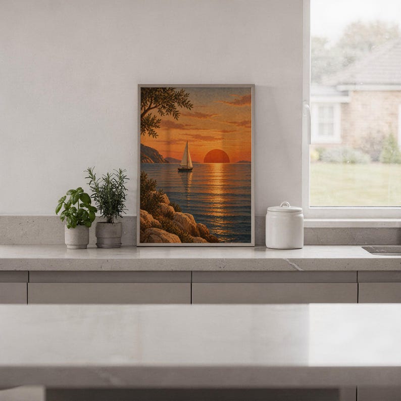Sunset sailboat wall art print standing on a white kitchen counter beside potted herbs.