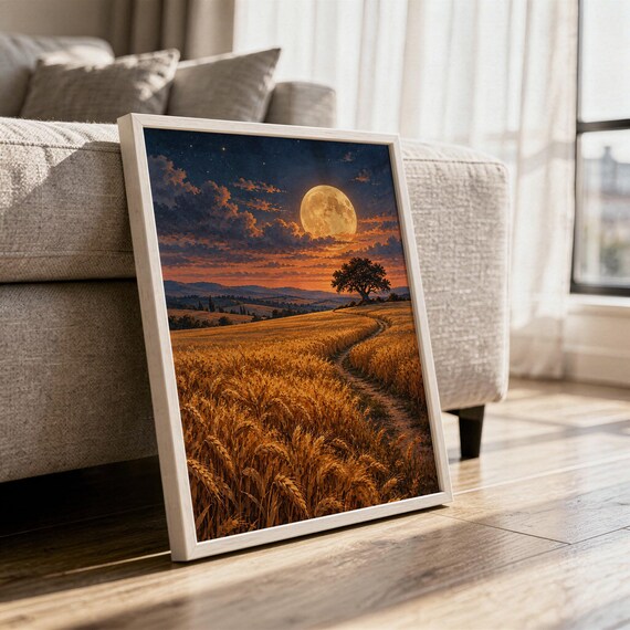 Moon wall art print in a white frame leaning against a gray sofa on a sunlit wooden floor.