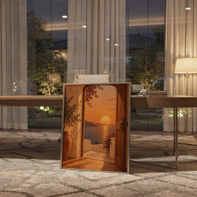 Mediterranean sunset doorway wall art print standing on a wooden desk in a home office in warm evening light.