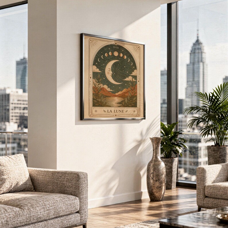 Terracotta celestial moon print framed on wall above sofa in modern high rise apartment.