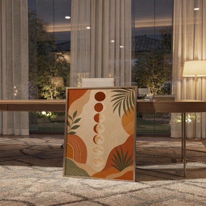 Boho moon phases art print standing on a wooden desk in a home office in warm evening light.