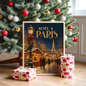Wandbild „Pariser Weihnachtsmarkt“, Vintage-Weihnachtsplakat aus Frankreich, Kunstdruck „Eiffelturm im Winter“ Bild 2