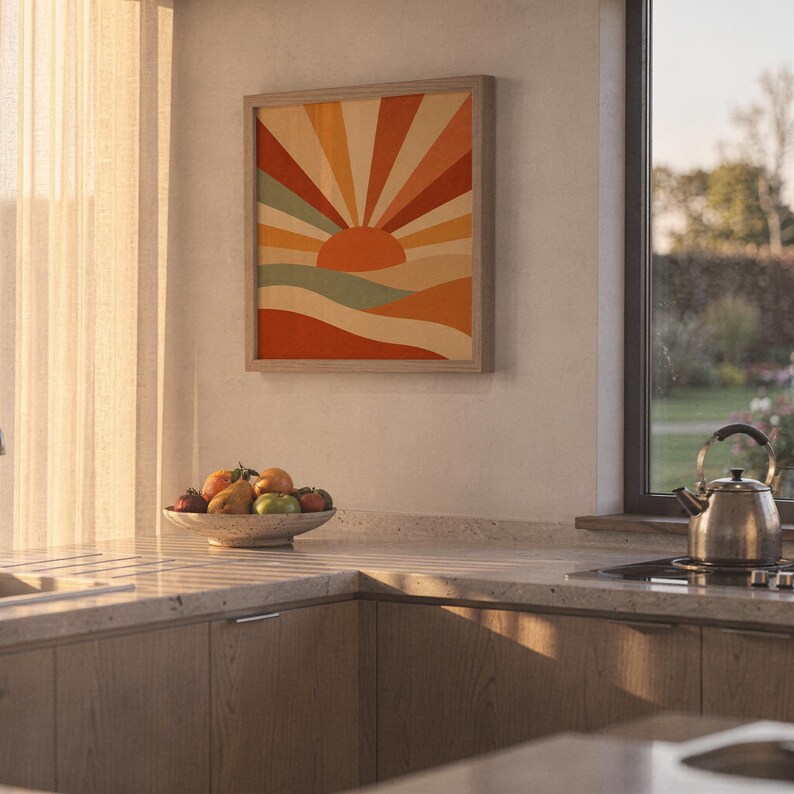 Retro geometric sunrise print hanging in a high-rise apartment living room with a city skyline view.