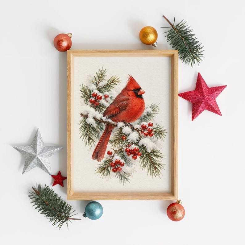 Red Cardinal Winter Wall Art, Watercolor Snowy Pine Bird Poster, Christmas Nature Art Print bild 9