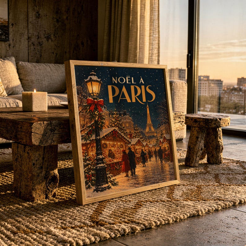Wandbild „Pariser Weihnachtsmarkt“, Vintage-Weihnachtsplakat aus Frankreich, Kunstdruck „Eiffelturm im Winter“ Bild 4