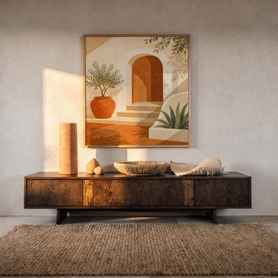 Mediterranean terracotta stairway arch print hanging above a dark wood console and jute rug in a warm neutral interior.