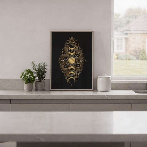 Gold snake moon phase wall art print hanging in a high-rise apartment living room with a city skyline view.