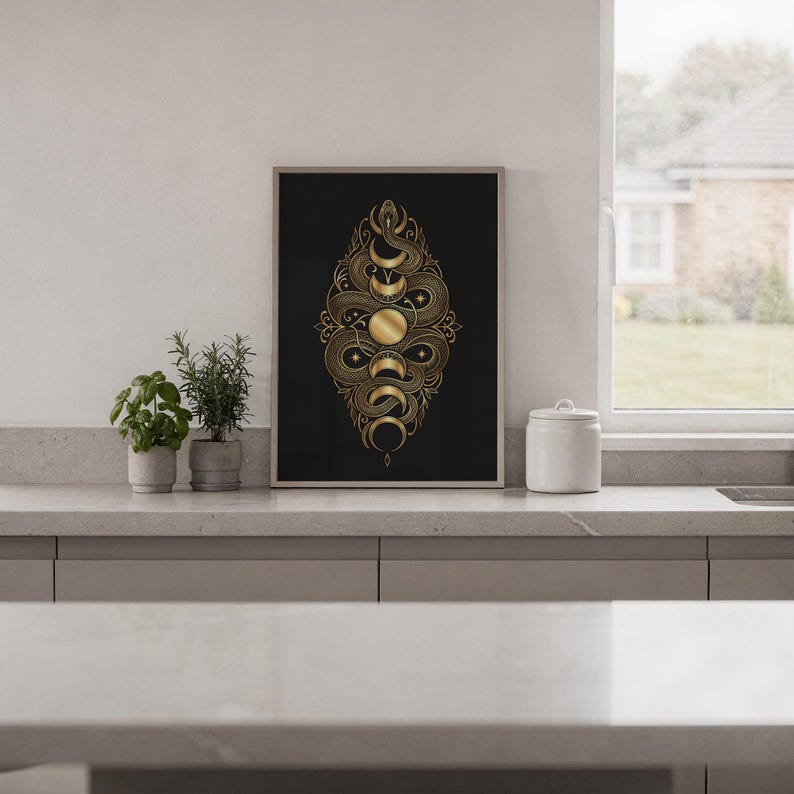 Gold snake moon phase wall art print hanging in a high-rise apartment living room with a city skyline view.