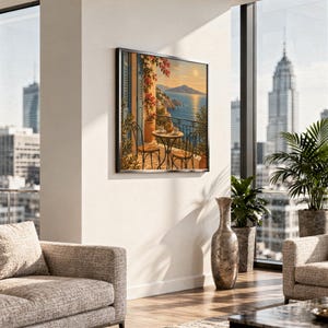 Mediterranean balcony wall art print hanging in a high-rise apartment living room with a city skyline view.