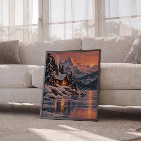 Winter cabin mountain wall art print leaning against a white sofa in a bright living room with sheer curtains.