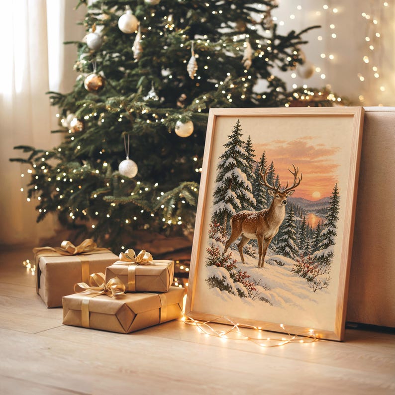 Winter Deer Wall Art, Snowy Forest Sunset Wildlife Art Print, Rustic Cabin Poster Bild 8
