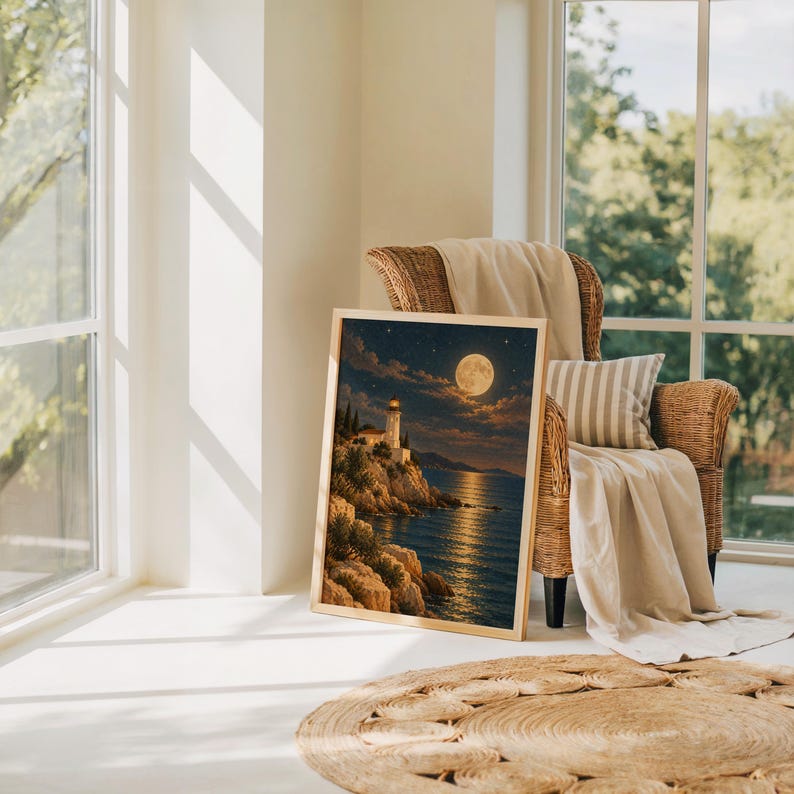Moonlit lighthouse wall art print leaning on the floor beside a rattan armchair and jute rug in a bright sunlit room.