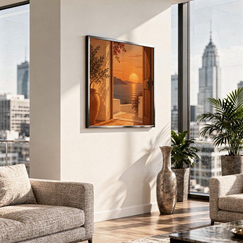 Mediterranean sunset doorway wall art print hanging in a high-rise apartment living room with a city skyline view.