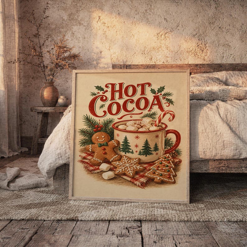 Hot Cocoa Christmas Wall Art, Vintage Gingerbread Cookie Kitchen Poster, Rustic Holiday Art Print zdjęcie 5