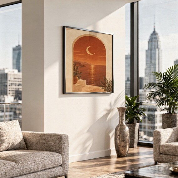 Mediterranean crescent moon arch print hanging above a stone countertop with a fruit bowl in a sunny kitchen.