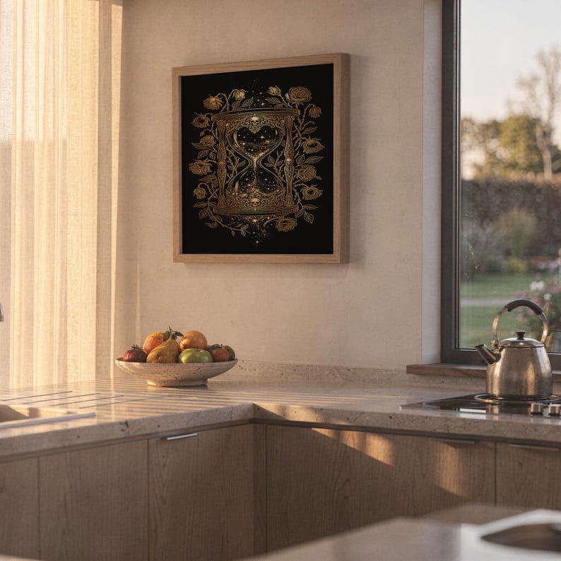 Gothic hourglass wall art print hanging above a stone countertop with a fruit bowl in a sunny kitchen.