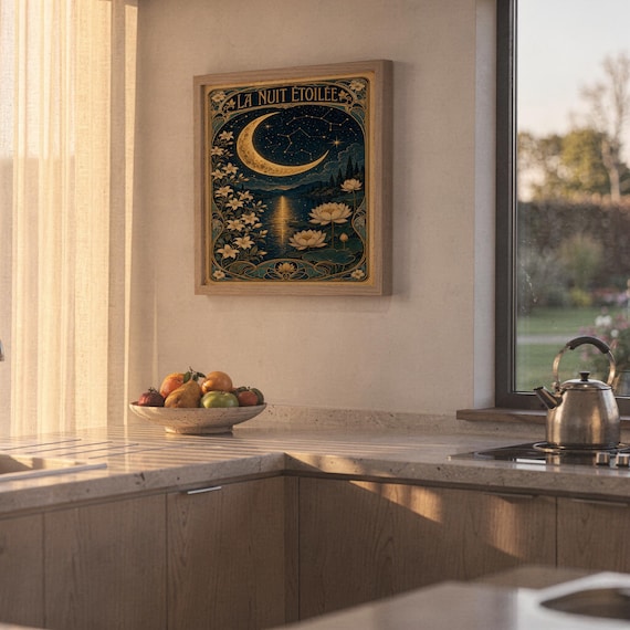 An Art Nouveau moon framed print hangs on a kitchen wall above a counter with a bowl of fruit and a kettle.