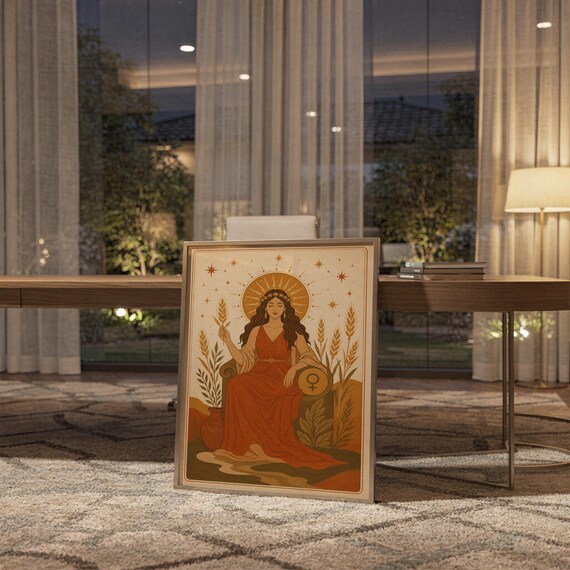 Celestial goddess wall art print standing on a wooden desk in a home office in warm evening light.
