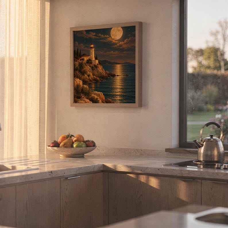 Moonlit lighthouse wall art print hanging above a stone countertop with a fruit bowl in a sunny kitchen.