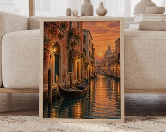 May include: A rectangular wall art print featuring a sunset view of a Venetian canal. A dark gondola is moored beside weathered buildings adorned with climbing flowers and glowing lanterns. The water reflects the orange sky and a distant dome.