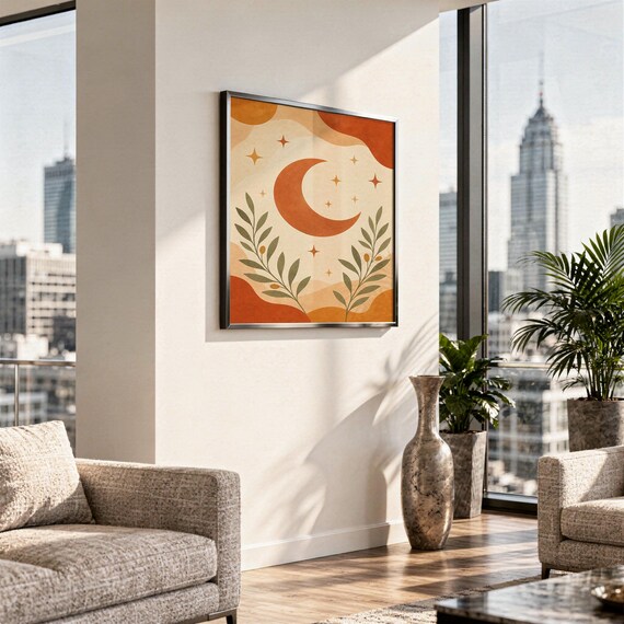 Terracotta crescent moon and olive branch print standing on a white kitchen counter beside potted herbs.