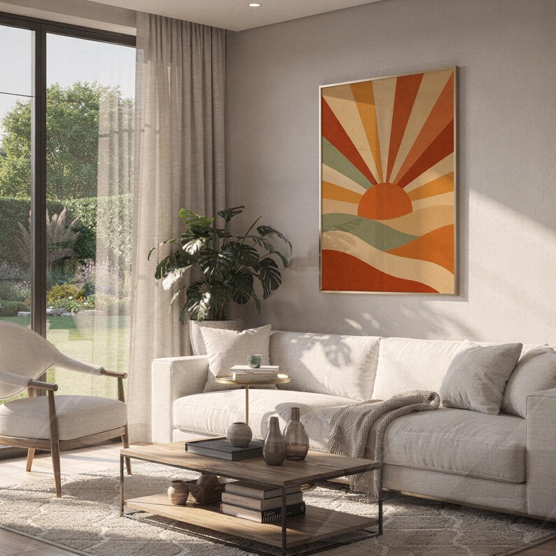 Retro geometric sunrise print hanging above a white sofa in a living room with garden views.