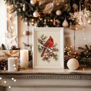 Red Cardinal Winter Wall Art, Watercolor Snowy Pine Bird Poster, Christmas Nature Art Print bild 17