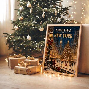 Christmas in New York Wall Art, Vintage NYC Holiday Cityscape Poster, Rockefeller Tree Ice Skating Art Print Bild 7