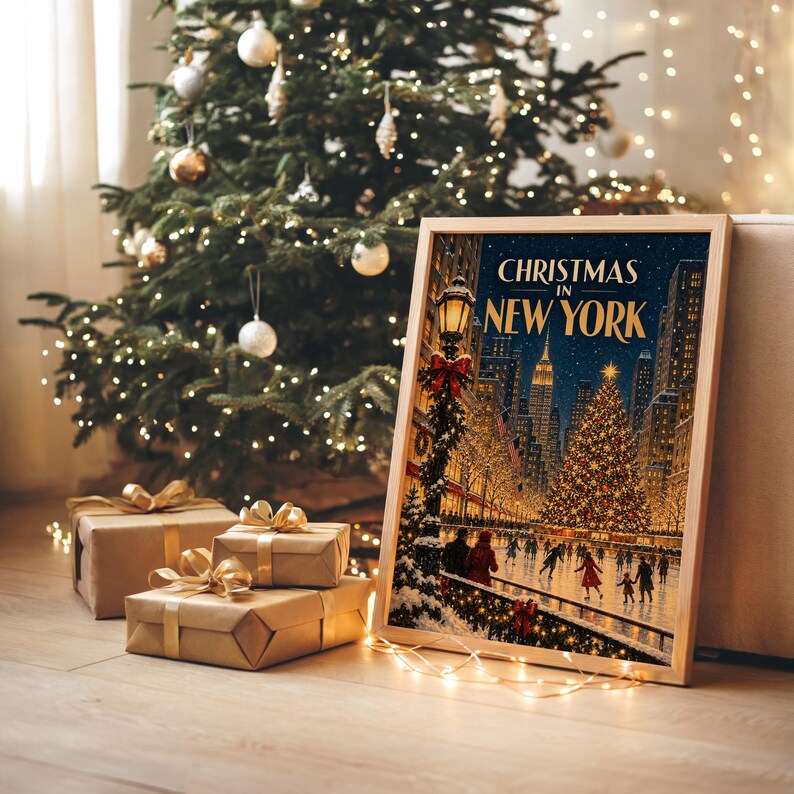 Christmas in New York Wall Art, Vintage NYC Holiday Cityscape Poster, Rockefeller Tree Ice Skating Art Print Bild 7