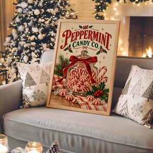 Peppermint Candy Wall Art, Vintage Christmas Kitchen Decor, Retro Holiday Art Print, Red Green Poster image 3