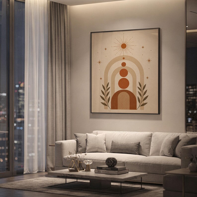Mid century geometric arch art poster framed on wall behind sofa in spacious modern apartment at night.
