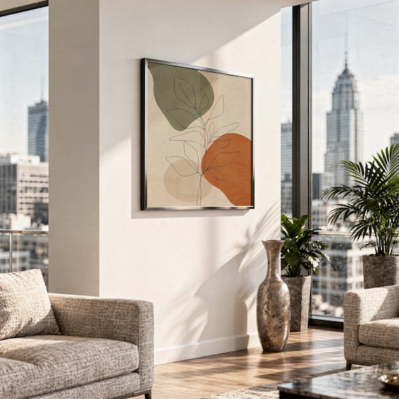 Framed botanical line drawing hanging next to a large window with a city skyline view.