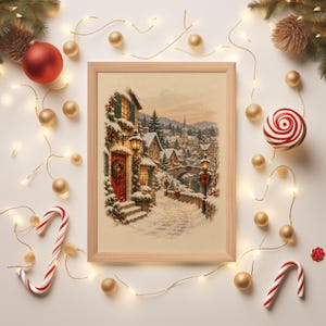 Christmas Village Wall Art, Vintage Winter Town Poster, Snowy Cottage Holiday Art Print, Cozy Rustic Decor image 9