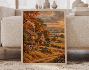 Puede incluir: Una lámina de arte enmarcada que representa una casa de piedra en un paisaje rural durante el otoño. La escena muestra una chimenea humeante, un muro de piedra, campos dorados y colinas lejanas bajo un cálido cielo de atardecer.