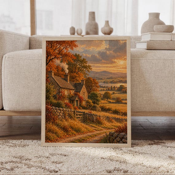 Autumn cottage landscape wall art print featuring glowing burnt orange foliage, warm golden fields, a stone cottage, rolling hills, and a painterly countryside style, framed and leaning against a beige sofa on a textured rug in a bright Scandinavian living room.