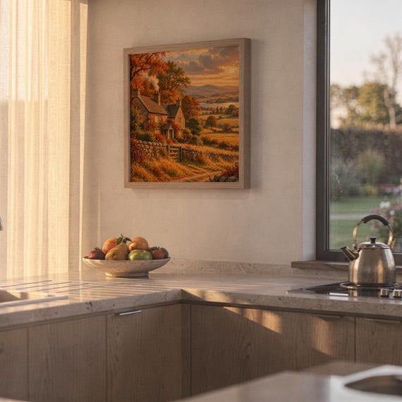 Autumn cottage landscape wall art print hanging above a stone countertop with a fruit bowl in a sunny kitchen.