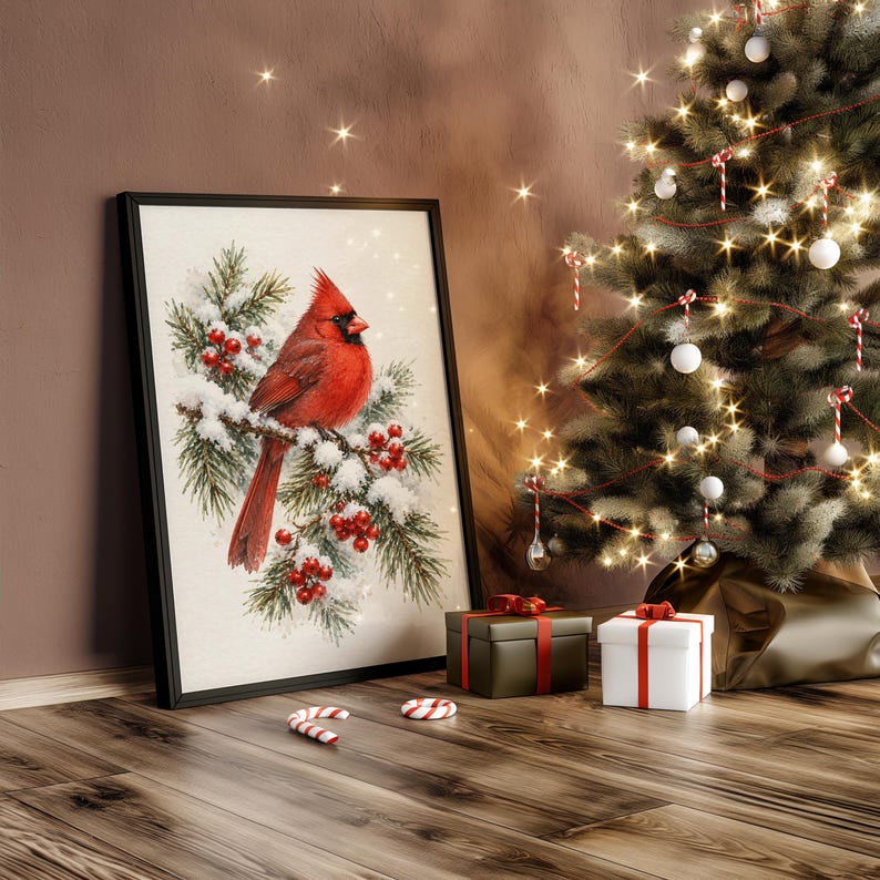 Red Cardinal Winter Wall Art, Watercolor Snowy Pine Bird Poster, Christmas Nature Art Print bild 11