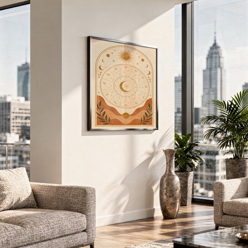 Zodiac wheel wall art print hanging in a high-rise apartment living room with a city skyline view.