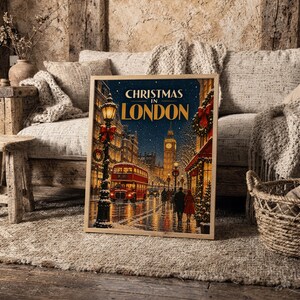 Decorazione murale "Natale a Londra", poster di viaggio vintage, stampa del Big Ben e del bus rosso. immagine 7