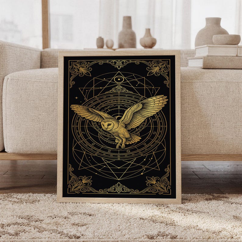 Celestial owl wall art print featuring a golden flying owl, zodiac symbols, astrological charts, sacred geometry, and ornate botanical borders on a deep black background, framed and leaning against a beige sofa on a textured rug in a bright Scandinavian living room.