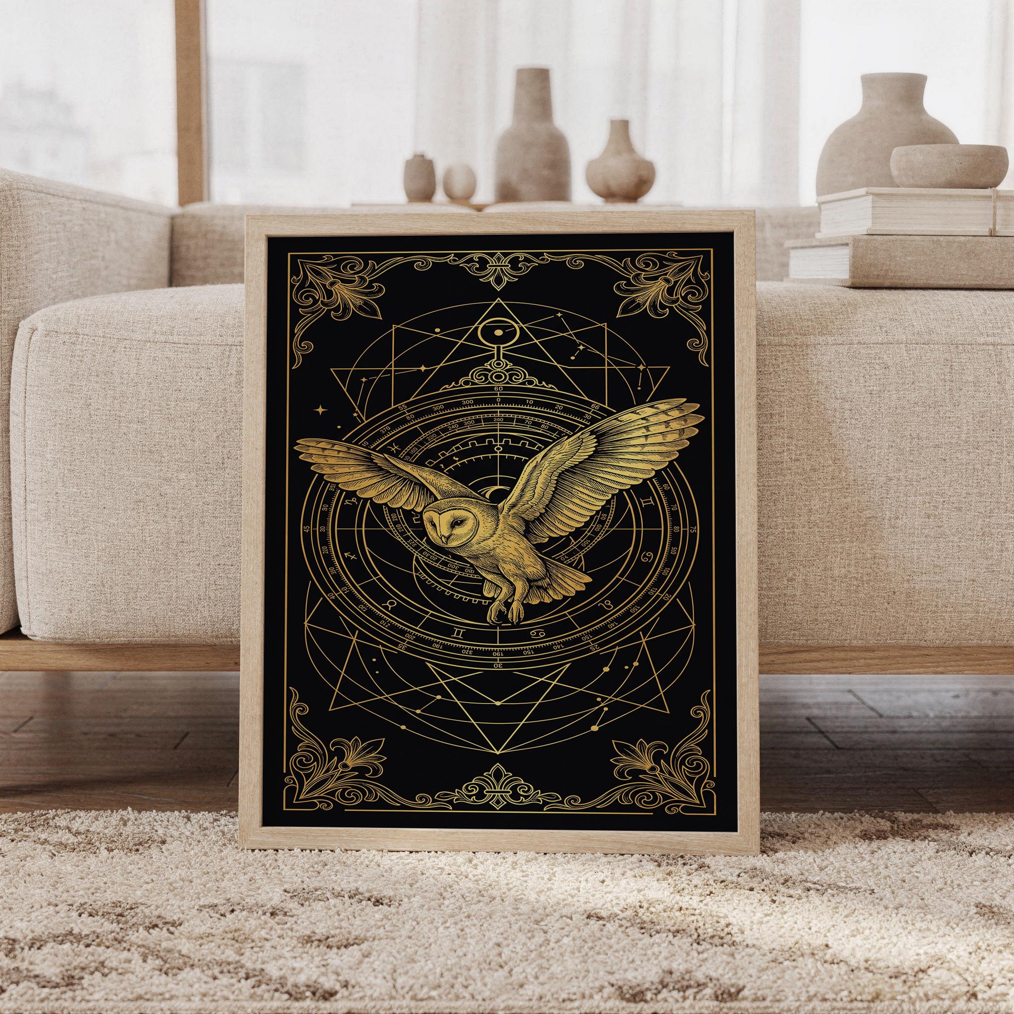 Celestial owl wall art print featuring a golden flying owl, zodiac symbols, astrological charts, sacred geometry, and ornate botanical borders on a deep black background, framed and leaning against a beige sofa on a textured rug in a bright Scandinavian living room.
