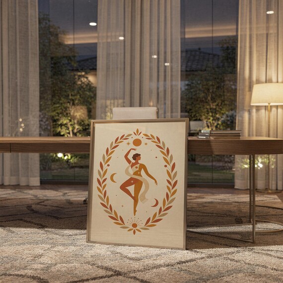 Framed spiritual celestial art poster leaning on the floor in a modern dining room setting with warm ambient lighting.