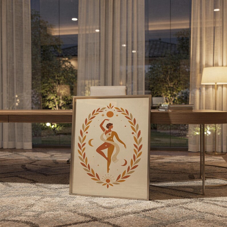 Framed spiritual celestial art poster leaning on the floor in a modern dining room setting with warm ambient lighting.