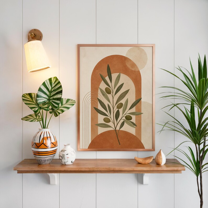 Boho terracotta poster on floating wooden shelf above green indoor plants