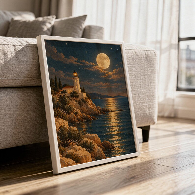 Moonlit lighthouse wall art print in a white frame leaning against a gray sofa on a sunlit wooden floor.