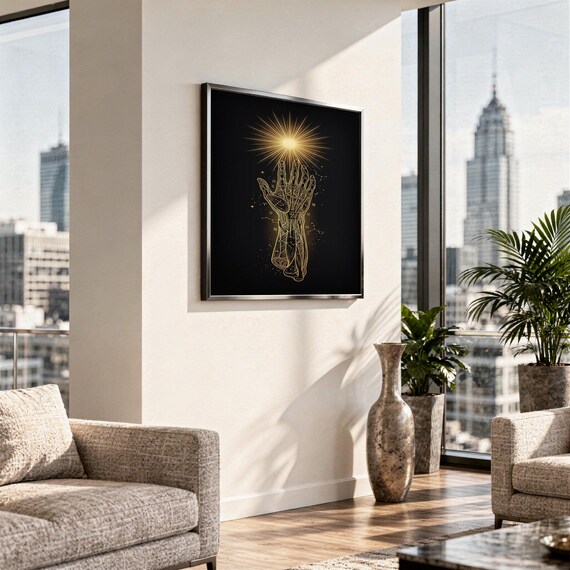 Celestial hand wall art print hanging above a stone countertop with a fruit bowl in a sunny kitchen.