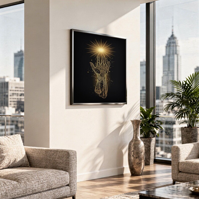 Celestial hand wall art print hanging above a stone countertop with a fruit bowl in a sunny kitchen.