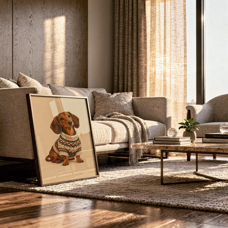 Dachshund sweater wall art print standing on a white kitchen counter beside potted herbs.